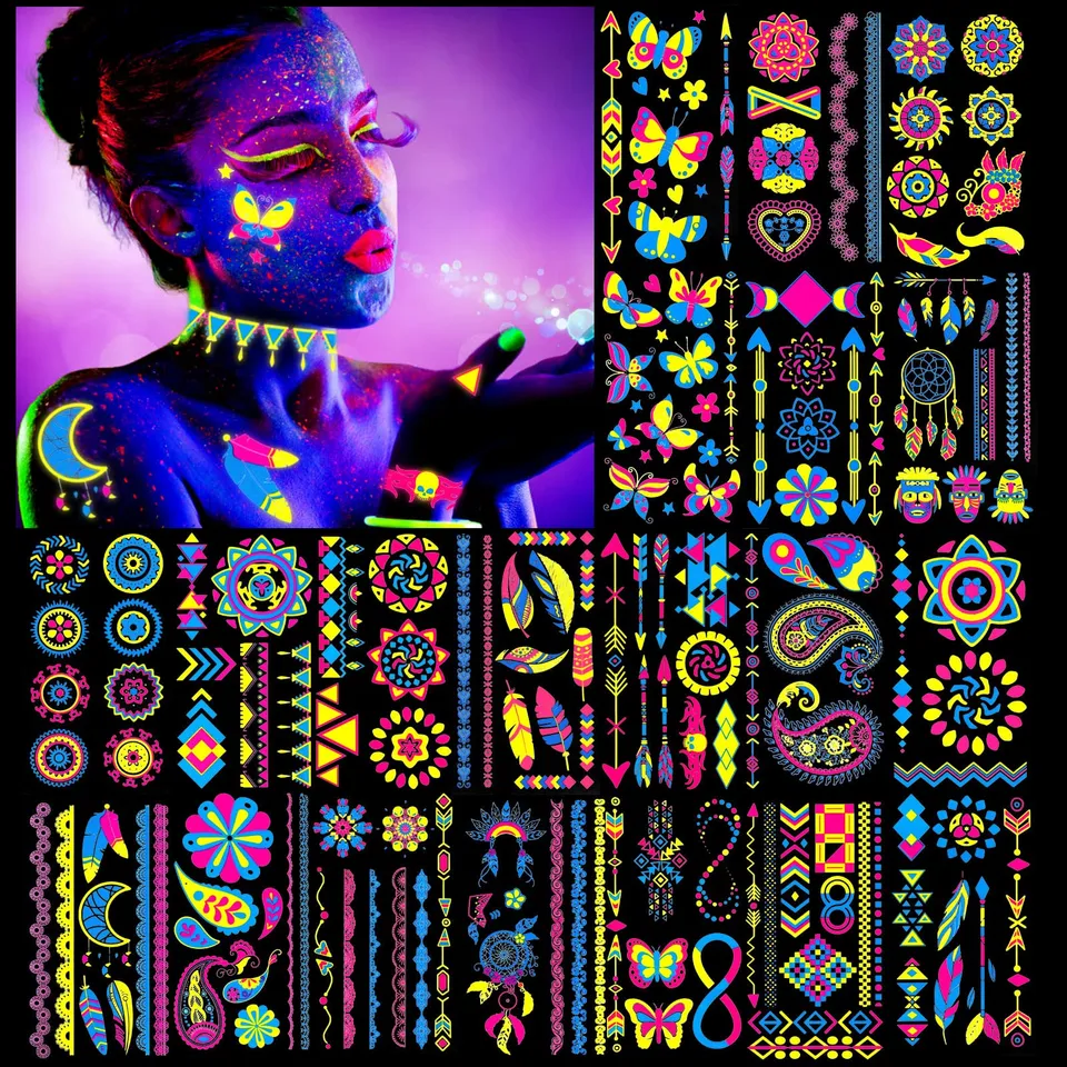 howaf-temporary-tattoos-neon-klebetattoos-20-bl-tter-uv image 1