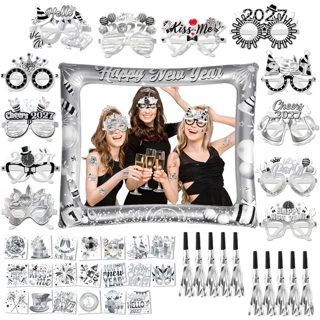 howaf-silvester-deko-set-fotorahmen-brillen-tattoos-silber image 1
